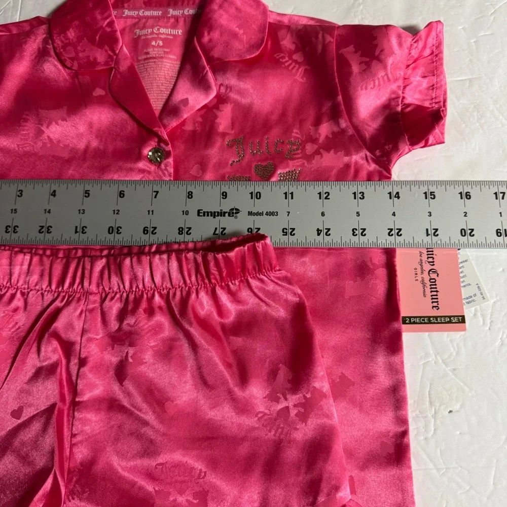 Juicy Couture Girls Pink Satin Pajama Set 2pc Shorts Button Top Size 4/5 NWT
